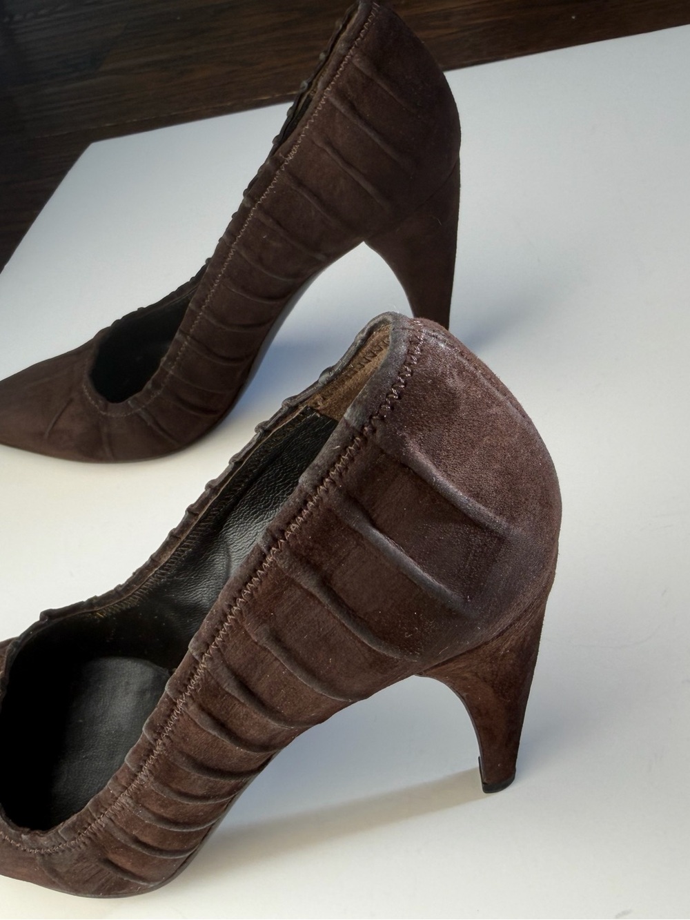 Prada Camoscio Plisse Women's Dark Brown Suede Heels - Picture 13 of 15